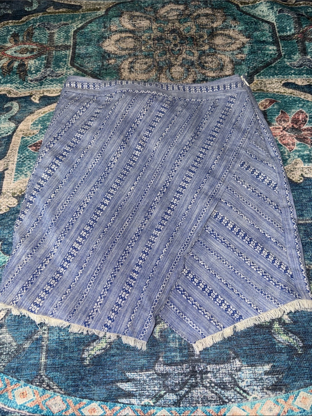 LOFT Blue Striped Embroidered Skirt with Fringe